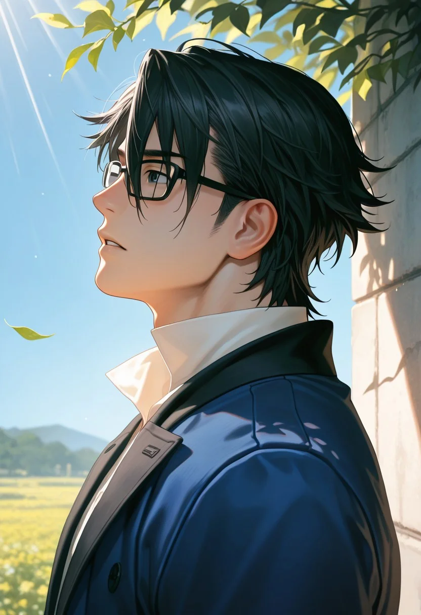 masterpiece, best quality, amazing quality, absurdres, newest, detailed background, definition so sharp, Ultra-HD, 8K cinematic, very awa, impressionate, amazing quality, highres, d10w21ll,
solo, male focus, manly, mature male, bara, day, blue sky, outdoor, sunbeam, windy, flying leaf,
1boy, short hair, glasses, saruhikofushimi, saruhiko_black hair, saruhiko_black eyes, blue coat, collared shirt, side view, looking far away,
calm expression, parted lips, depth on field, upper body, focus on scene