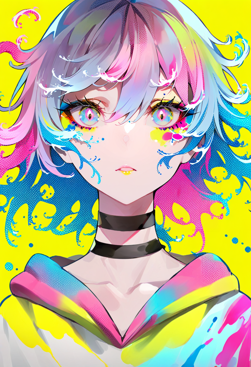 masterpiece, best quality, <lora:LAMXL_ANI31_lokr_V42310:0.95> solo, yellow background, choker, multicolored eyes, looking at viewer, 1girl, black choker, portrait, multicolored hair, simple background, blue hair, pink hair, hood, halftone, short hair, pink eyes, liquid hair, paint splatter, floating hair, colorful, hair between eyes, makeup, hood down