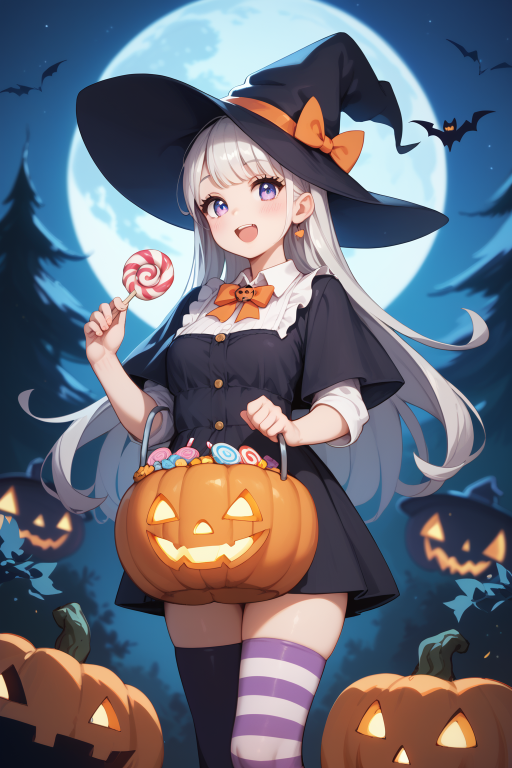 score_9, score_8_up, score_7_up, <lora:halloween:0.7>, A cute anime girl in a witch hat, holding a jack-o'-lantern bucket filled with candy. She's wearing striped thigh-highs and a Halloween-themed outfit. The background is a spooky forest with a full moon.