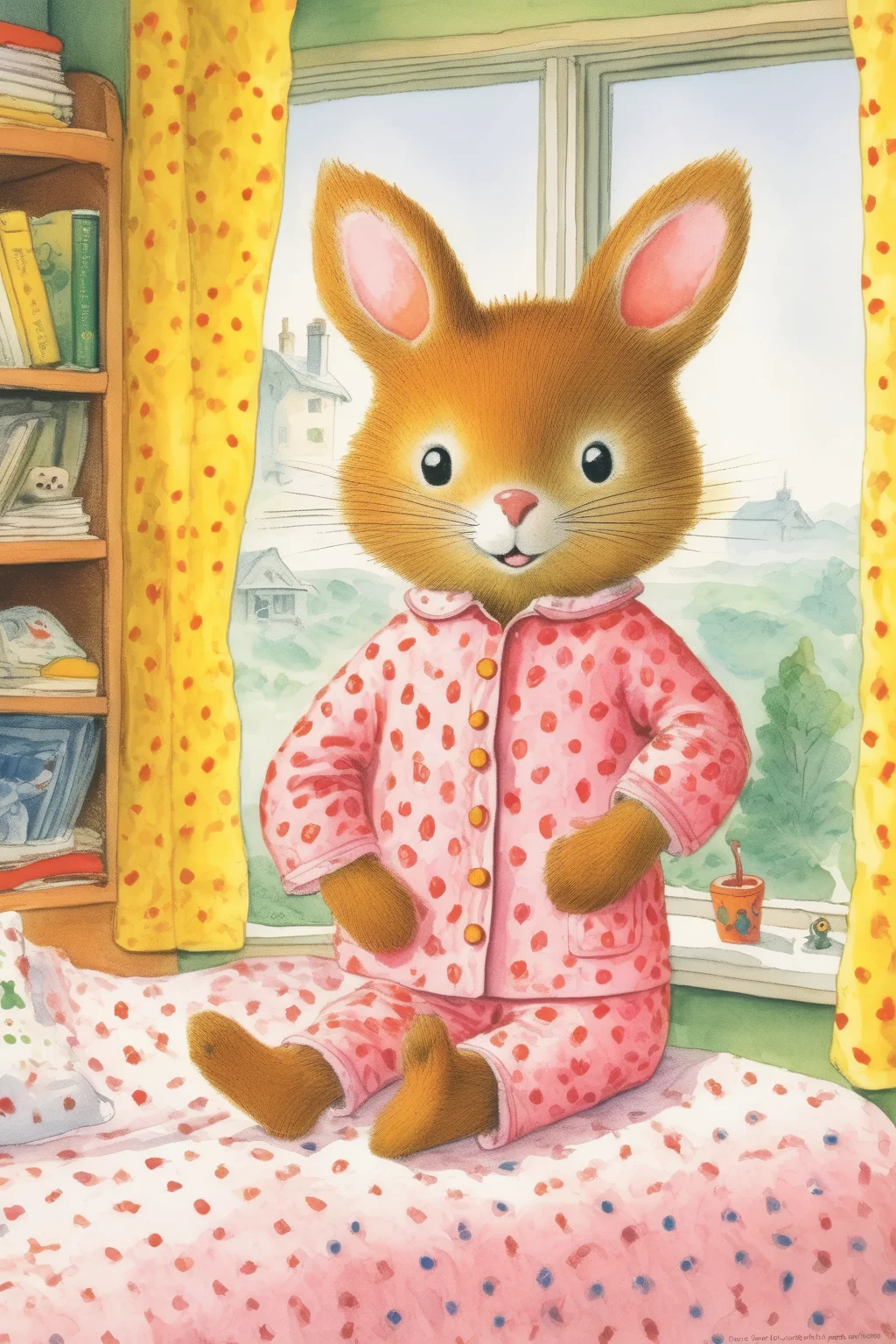 <lora:Richard Scarry Style:1>Richard Scarry Style - a girl wearing pink pajamas, sitting on her bed, window in background, children's book Richard Scarry illustration