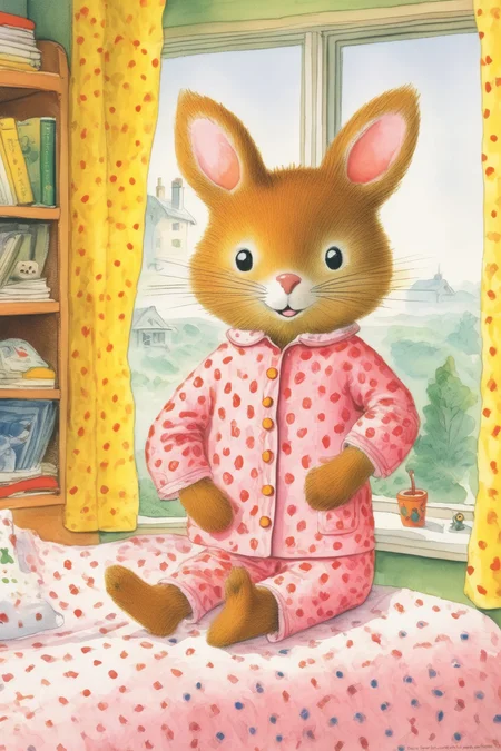 <lora:Richard Scarry Style:1>Richard Scarry Style - a girl wearing pink pajamas, sitting on her bed, window in background, children's book Richard Scarry illustration