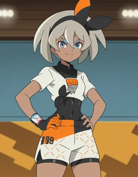 score_9, score_8_up, score_7_up, source_anime, <lora:pokemon-bea-anime-ponyxl-lora-nochekaiser:1>, pokemonbea, blue eyes, dark skin, dark-skinned female, grey hair, hair between eyes, short hair, ribbon, hair ribbon, hairband, black ribbon, black hairband,, bodysuit, covered navel, shorts, single glove, glove, crop top, white shirt, short sleeves, collar, white shorts,, indoors, smug, hands on hips,, smile, looking at viewer, solo,, cowboy shot, dutch angle