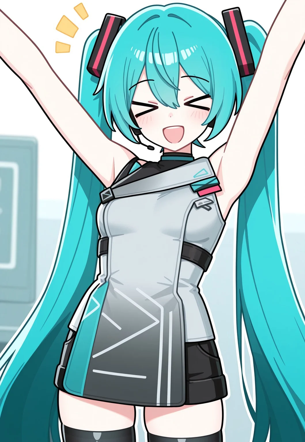 masterpiece, best quality, good quality, very aesthetic, absurdres, newest, 8K, focused subject, (caststation animation) BREAK 1girl, smile, XD, happy, open mouth, arms up, hatsune miku, elmodorm, black thighhighs, sleeveless, zipper