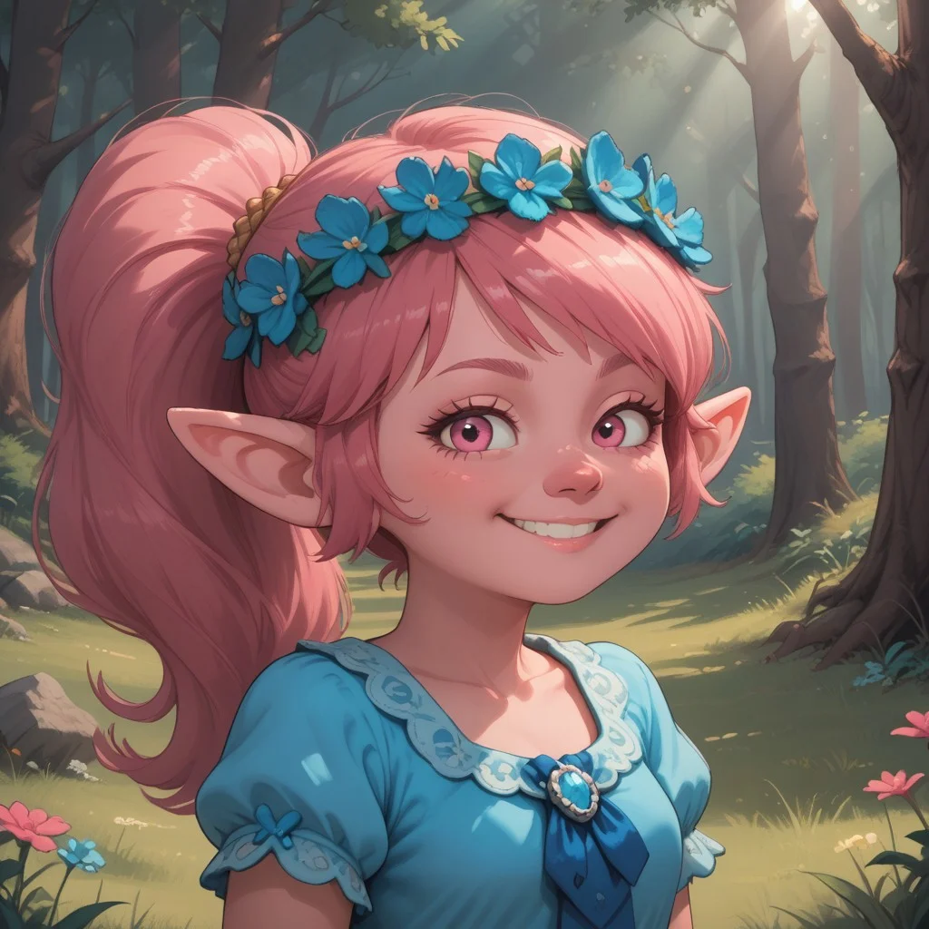 score_9, score_8, BREAK, solo, Poppy_(\Trolls\), pink skin, pink hair, pink nose, ponytail, pink eyes, pointy ears, bracelet, hair flower, head wreath, cyan dress, barefoot, sexy pose, self portrait, smile, outdoors, sunlight, shadows, evening lighting, natural lighting, forest, trees, grass, orange sky, sunset