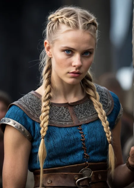 hyperrealistic, glamorous photo, masterpiece, dramatic angle, best quality,
Viking, Freydis from the TV series Vikings, Alicia Agneson, 20yo, small stature, beautiful face, cute face, blonde hair, long hair, side braid, blue eyes, normal breasts,, dirty skin, detailed outfit, warrior pose, detailed background from the Viking TV series, high fashion, luxurious, extravagant, stylish, sensual, opulent, elegance,
professional, high contrast, bright colors, best lighting, intricate details, (high quality texture), (sharp), (artistic image), 8K, detailed, dynamic, depth of field,