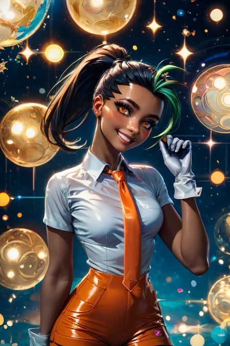 score_9, score_8_up, score_8, medium breasts, (curvy), cute, eyelashes, BREAK, , <lora:NemonaJayler:0.8> nemona, 1girl, aged_up, dark skin, ponytail, long hair, freckles, smile, shirt, hair pulled back, white shirt, orange shorts, necktie, gloves, collared shirt, short sleeves,, BREAK, (ultra realistic,32k, masterpiece:1.2),(high detailed skin:1.1),( high quality:1.1), curvy, head tilt, hearts, blush, lips, curvy, head tilt, shiny clothes, (upper body), looking at viewer, bokeh, luminescent background, embedding:zPDXL, Expressiveh, <lora:RlAnmPDXL:1.0>,