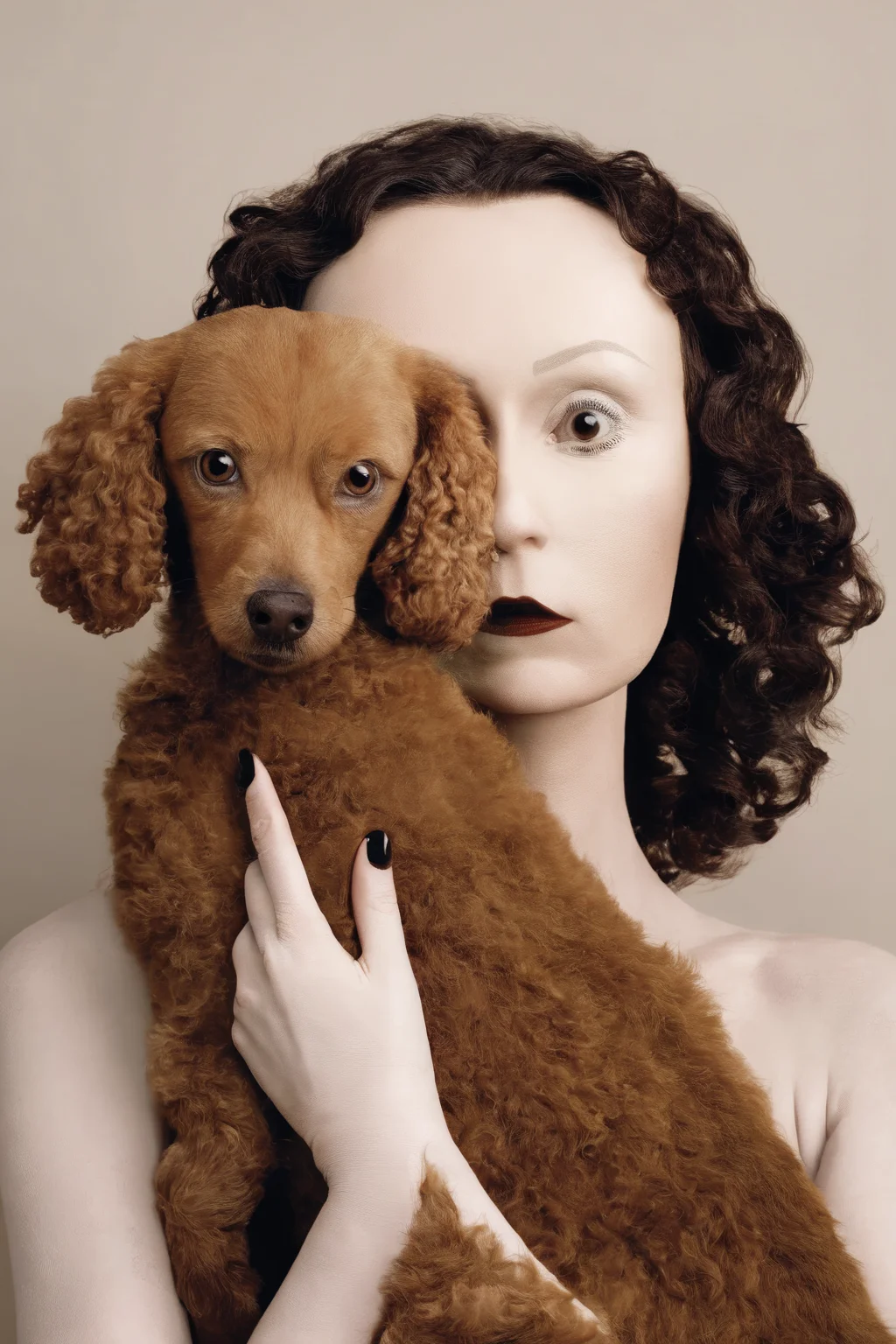 <lora:Photographer Flora Borsi Style:1>Photographer Flora Borsi Style - a woman with curly hair holding a brown dog's nose to her face