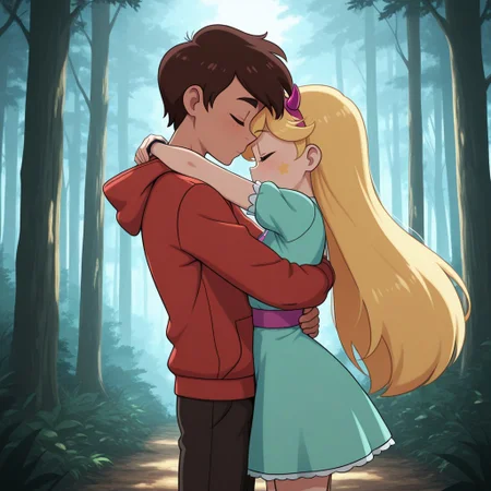 masterpiece, best quality, break. star_co, (1boy, marco_d, hoodie), break, (1girl, star_b, fake horns, dress), hug, forest, natural lighting