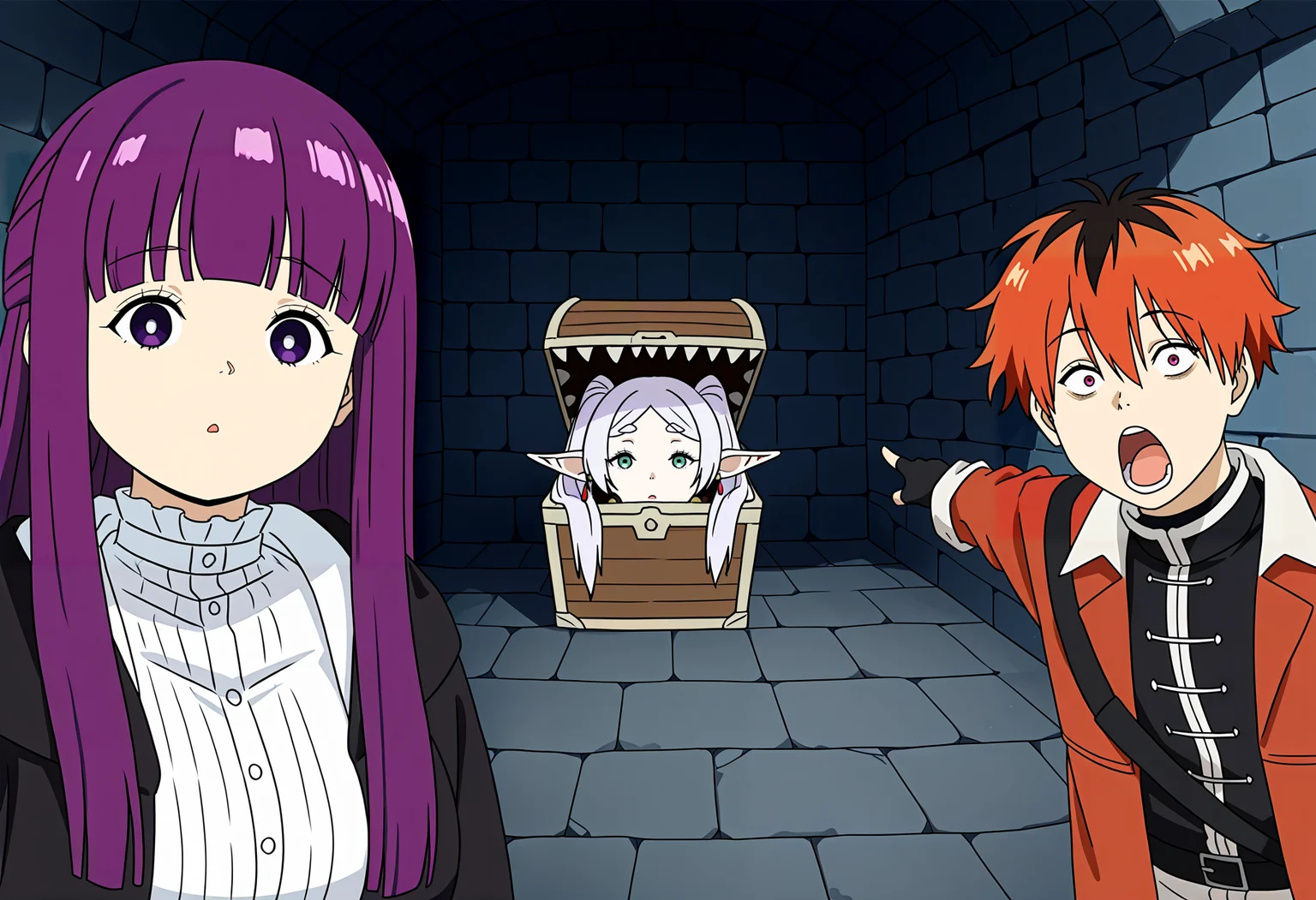 (masterpiece, high quality, amazing detail), highres, two_soyjaks_pointing_(meme), looking at viewer, 2girls, 1boy, dungeon,
BREAK
fern \(sousou no frieren\), close mouth, d:,
BREAK
mimic chest, (frieren, stuck in, in chest),
BREAK
stark \(sousou no frieren\), pointing, open mouth, <lora:two_soyjaks_pointing_meme:1>