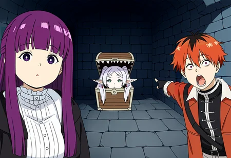 (masterpiece, high quality, amazing detail), highres, two_soyjaks_pointing_(meme), looking at viewer, 2girls, 1boy, dungeon,
BREAK
fern \(sousou no frieren\), close mouth, d:,
BREAK
mimic chest, (frieren, stuck in, in chest),
BREAK
stark \(sousou no frieren\), pointing, open mouth, <lora:two_soyjaks_pointing_meme:1>