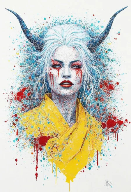 pointillismstyle, pointillism art
, score_9, score_8_up, score_7_up, cinematic photo, porcelain white skin, blood dripping from lips, blood dripping down chest, blood red triple demon horns, white hair, dramatic lighting, dynamic pose, oni woman in kimono, cyberpunk, yellow_sun, teal background