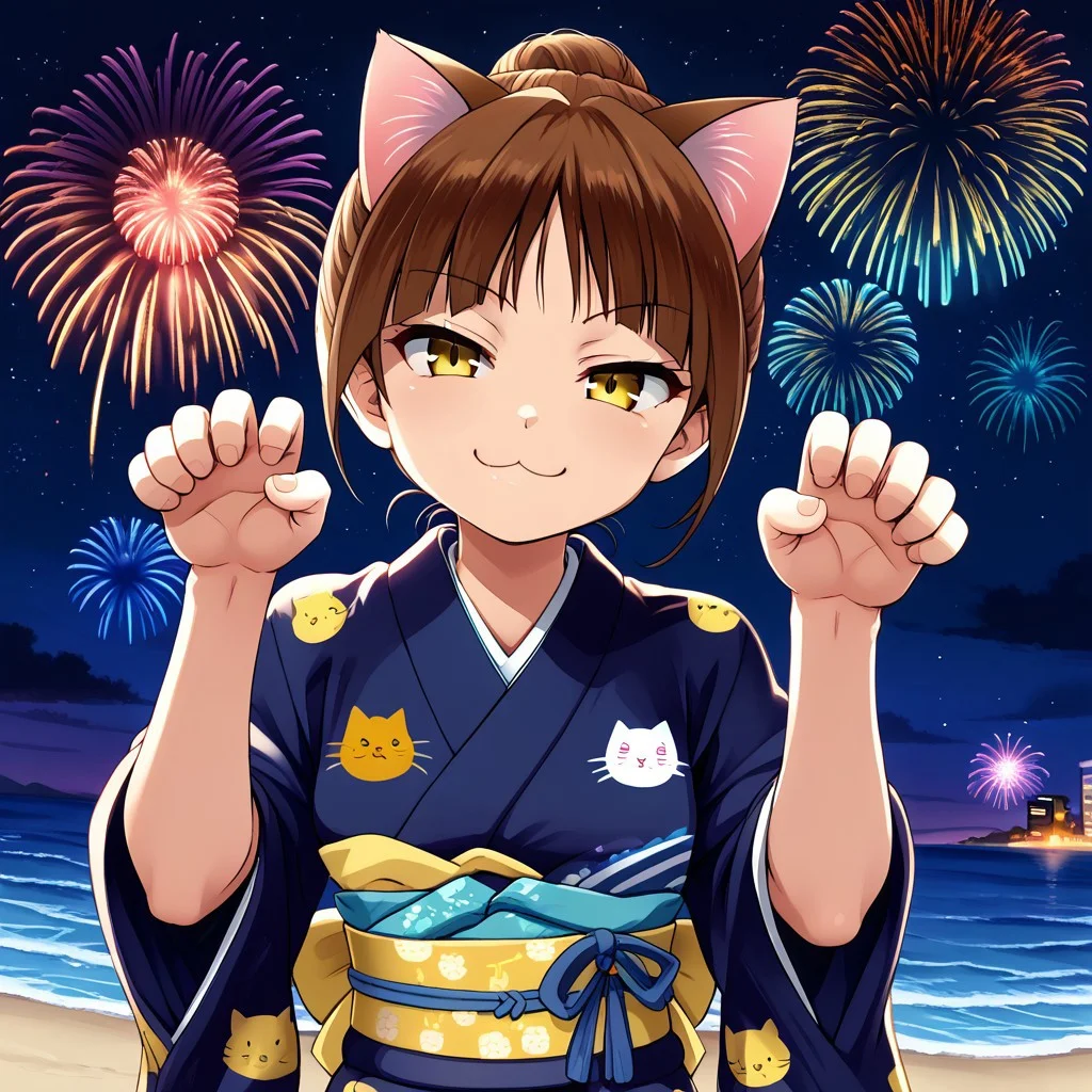neko-musume, 1girl, solo, brown hair, yellow eyes, smug, paw pose, Japanese clothes, kimono, cat print kimono, starry sky, fireworks, beach, ocean