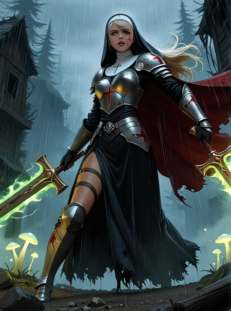 absurdres, high detail, cinematic lighting, dynamic pose, dramatic pose, ethereal glow, dark fantasy, masterpiece, dynamic perspective, medieval fantasy, intricate armor, heavy rain, heavy wind,
BREAK
1girl, solo, warrior nun, bloodied, battle scars, eye trails, intense gaze, solemn expression, beige hair color hair, asymmetrical bangs, long flowing hair, tattered habit, torn clothes, ripped clothes, crimson-stained robes
BREAK
glowing warhammer, sacred warrior, blood splatter, blood on face, blood on clothes,
BREAK
outdoors, ruins, war-torn, an enchanted forest, with glowing mushrooms, winding dirt paths, and wooden cabins nestled among the towering trees, ominous atmosphere, divine aura, fog, foggy battlefield
BREAK
IllusP0s
<lora:slau_n11:1>
<lora:FantasyKnightsIL:0.35>
<lora:SDXL - Dark Slider:0.35>
<lora:SDXL - Detailed Eyes v3.0:0.8>
<lora:SDXL - Dynamic Poses v1.0:2.0>