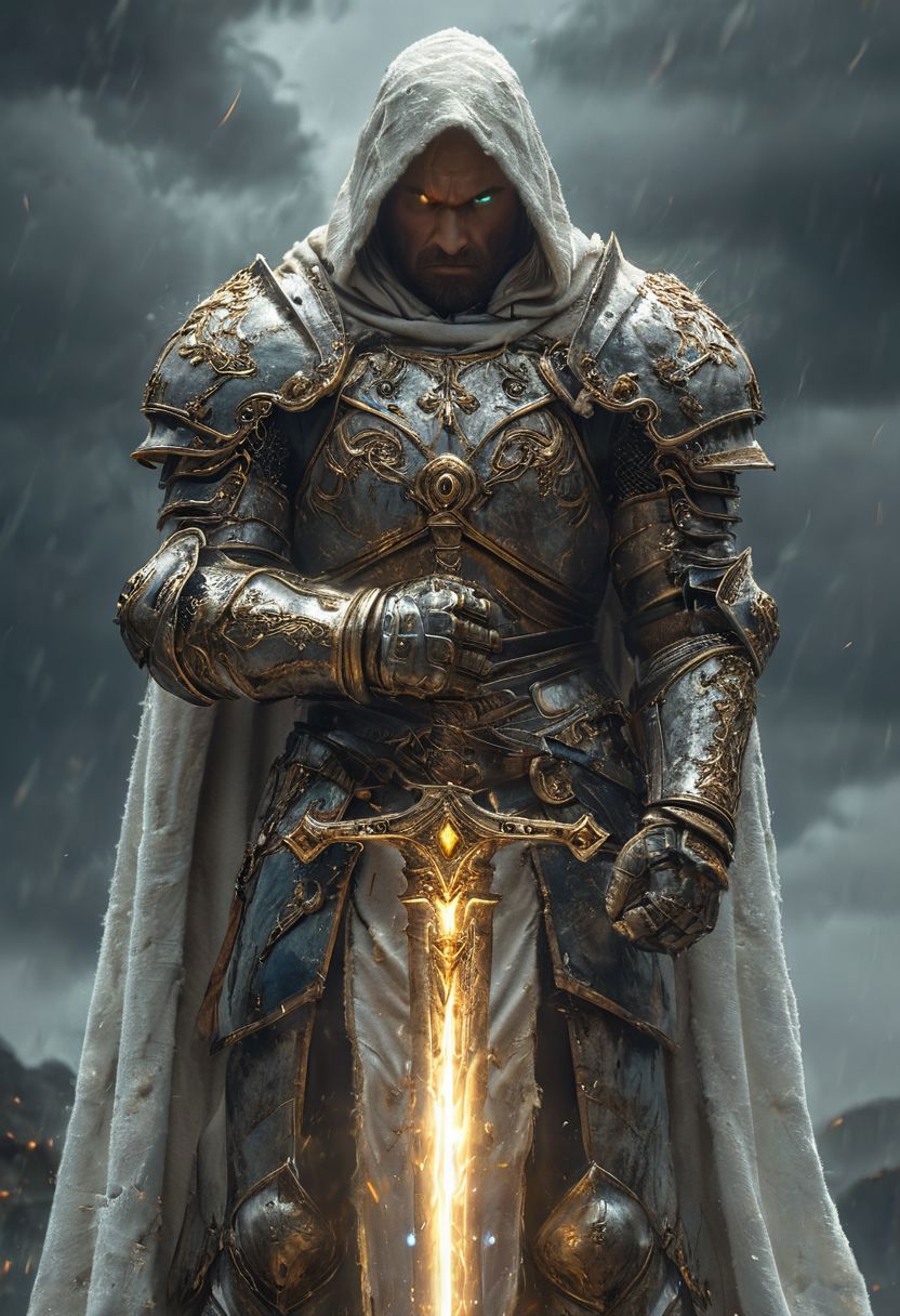 A stunning, highly detailed dark fantasy full body illustration of a proud angelical warrior wearing intricate medieval white HKStyle armor and a grim warrior face, holding a great golden glowing sword, golden and blue glooming eyes, very wide shoulders, wearing big gauntlets, epic composition. The warrior stands heroic with a flowing cloak and white hood during a storm with foggy gloom, thunderclouds in the background. The scene depicts him with brooding emotional agony. style by Greg Rutkowski, by Milo Manara and Russ Mills, with insanely intricate details and textures, gloomy dramatic lighting, 8K resolution