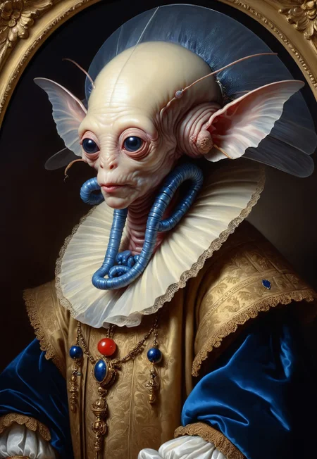Rembrandt realistic oil painting, retro artstyle, score_9, score_8_up, score_9_up, very detailed, ultra realistic, (best quality) very detailed masterpiece, portrait of an futuristic alien, insect-like alien creature in medieval environment, red and blue velvet, very dark background, baroque style, gold, marble, flowers, very dramatic lighting, much shadow, rembrandt style vermeer style, low saturation, realistic realistic, realism, photo realistic oil painting, photo realistic painting