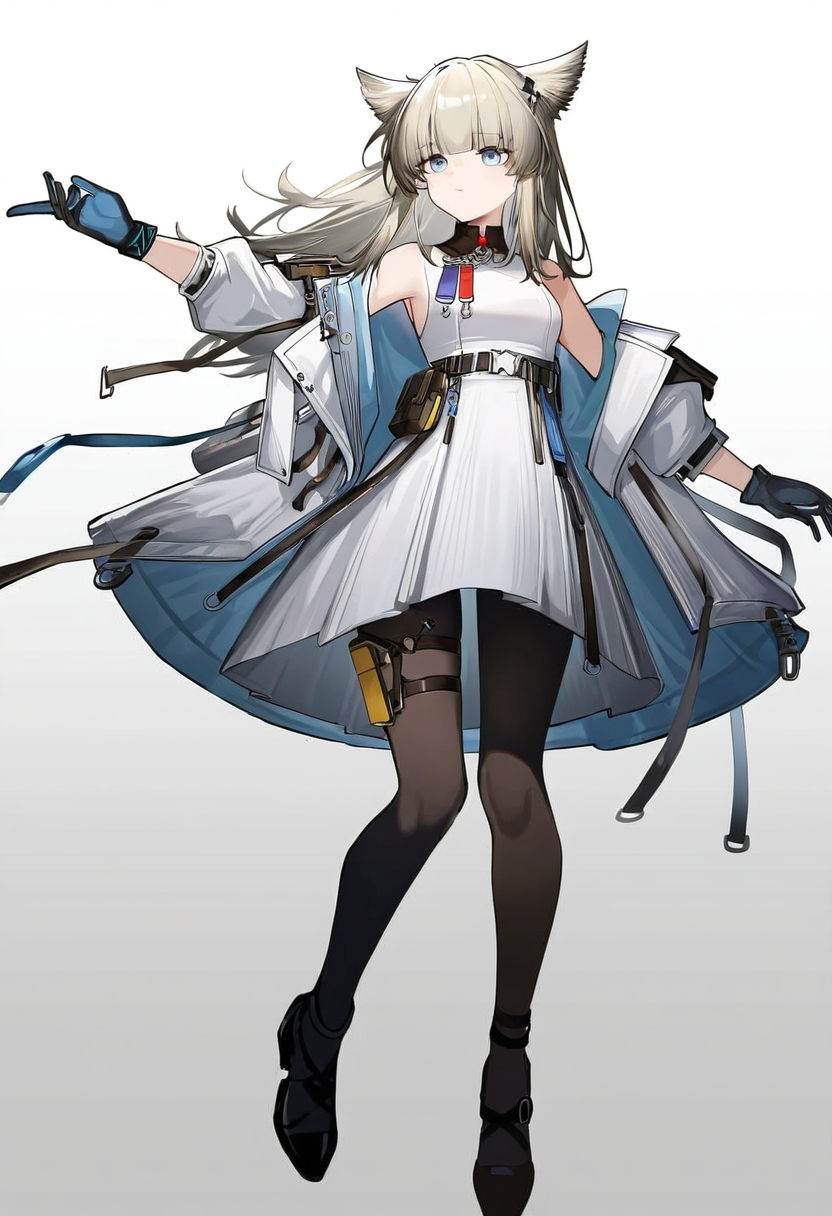 1girl,perlica_(arknights),solo,jacket,gloves,white jacket,sleeveless,white dress,long hair,pouch,animal ears,off shoulder,blue eyes,open clothes,open jacket,bare shoulders,belt,sleeveless dress,belt pouch,black gloves,blunt bangs,strap,small breasts,grey hair,blonde hair,
pantyhose, black pantyhose, black footwear, shoes, thigh strap
newest,absurdres,highres,masterpiece,best quality,year 2024,
<lora:peilika_NoobVpred10:1>,