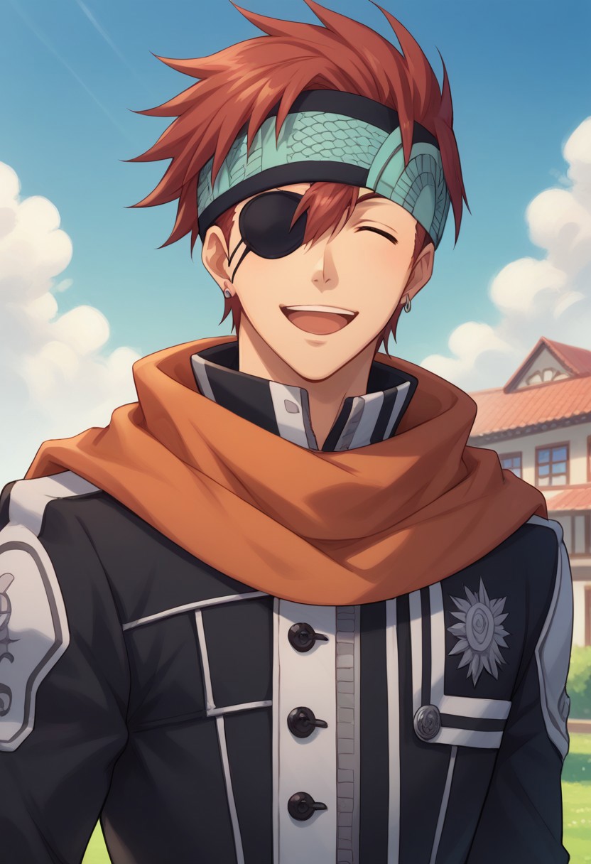 score_9, score_8_up, score_7_up, source_anime, highly detailed, 
lavidgray, solo, eyepatch, 1boy, male focus, jacket, red hair,
scarf, earrings, jewelry, exorcist uniform, smile, open mouth, closed eye, upper body, headband,
outdoor, sky,