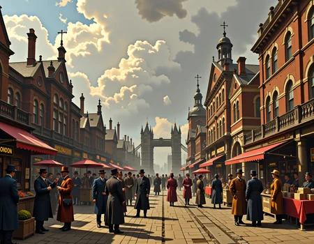 A bustling Victorian London marketplace in painterly style, teeming with life. The scene is filled with diverse characters: street buskers performing lively tunes, news heralds shouting headlines, and merchants displaying their wares. The smoggy sky casts a muted, atmospheric light over the scene, enhancing the gritty, industrial feel of the era. The marketplace is adorned with colorful stalls, intricate Victorian architecture in the background, and a sense of movement and energy. The overall mood is one of historical authenticity, capturing the essence of a busy 19th-century urban environment.
