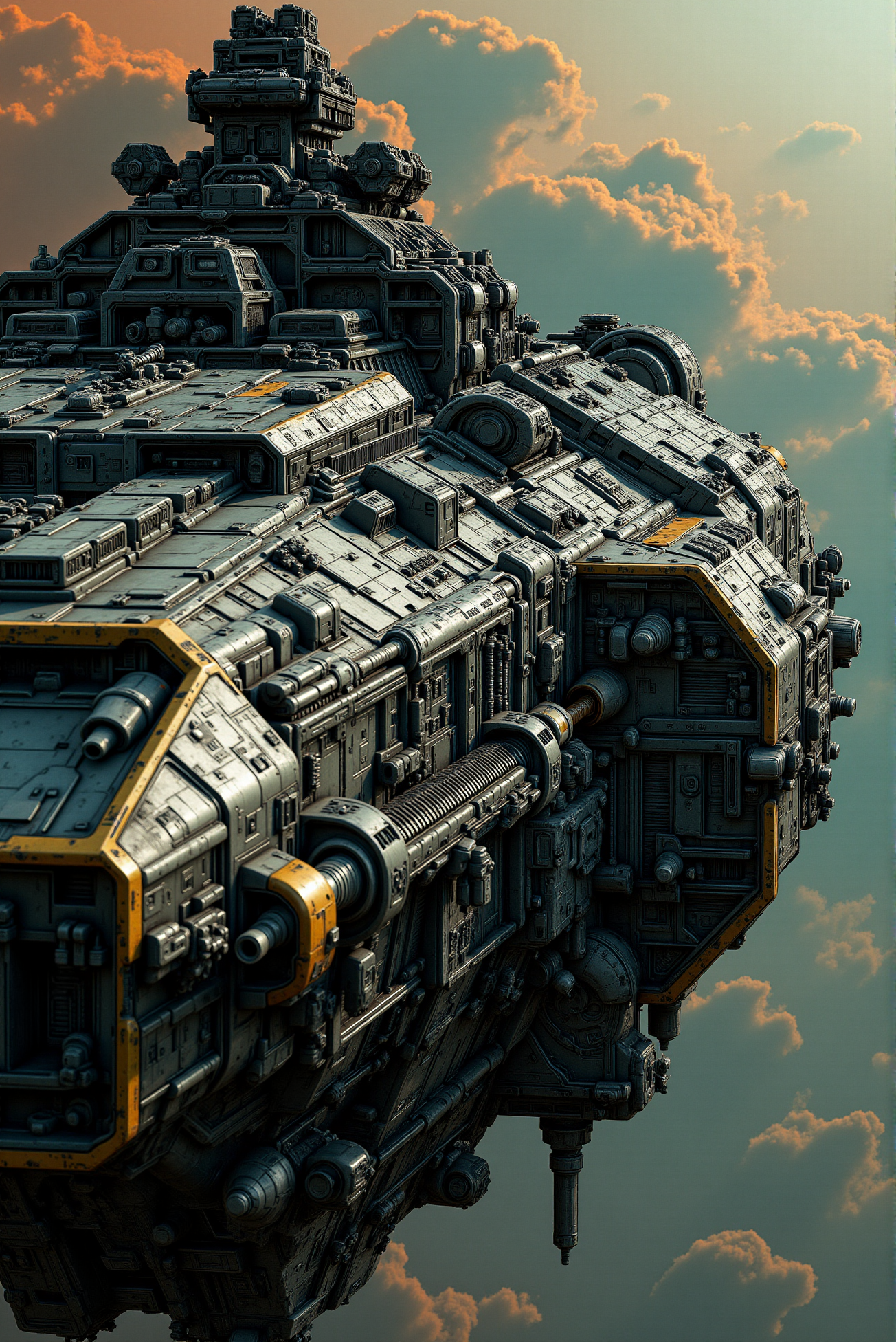 <lora:SpaceCraft_v.3:0.8>
A heavily armored deep-space battlecruiser bristles with exposed conduits, mechanical bulkheads, and flanged modular plating, its segmented hull marked by scorched edges, hazard striping, and reinforced turrets. Golden alloy trims wrap around reactor ducts and jointed armor clamps, contrasting against the matte gunmetal body scored with engravings, language markings, and numeric insignia. Massive railgun spines protrude forward like a predatory jaw, while exhaust ports and sensor nodes glow faintly along its spine. Behind the ship, a gradient nebula in copper, jade, and obsidian clouds evokes celestial turbulence. Viewed from a sweeping rear-quarter angle, the vessel embodies industrial brutalism and mechanical complexity, rendered in hyper-detailed hard-surface realism with ambient occlusion and deep cinematic shadowplay.