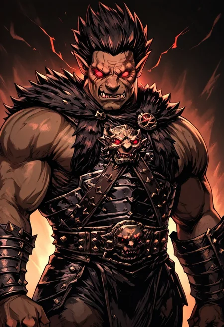 masterpiece, best quality, newest, absurdres, highres, TTCSV1.0, Zodd-V1.0, muscular male, short hair, red eyes, dark skin, dark skinned male, scar, scar on face, fangs, pointy ears, muscular, spiked hair,
glowing eyes, armor,