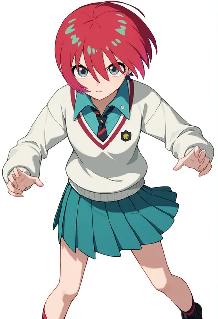 <lora:Amate Yuzuriha_illustrious-000040:1>,
Amate Yuzuriha,solo,socks,black footwear,pleated skirt,school uniform,green skirt,blue skirt,short hair,looking at viewer,long sleeves,upper body,v-shaped eyebrows,
standing,white_background,