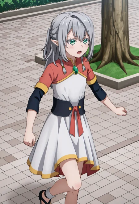 <lora:Young Tessia_IL:1>Young Tessia, 1girl, gray hair, pointed ears, elf, green eyes, white asymmetrical dress with yellow trim, red sash waist tie, black long-sleeve undershirt, green gem pendant necklace, white thigh-high socks, black crisscross strap shoes
Urban plaza surrounded by cherry blossom trees