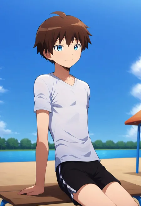 chiyi, short hair, spiky hair, dark brown hair, blue eyes, sit on bench, playground in the background,