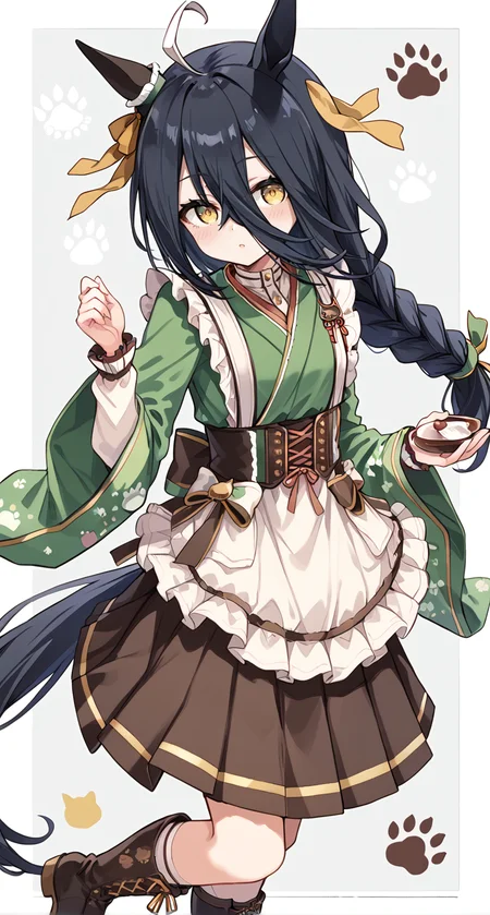 score_9,score_8_up,score_7_up,
official art,official style,game cg,megami magazine,
1girl,
mht verdant night,manhattan cafe (umamusume),manhattan cafe (verdant night) (umamusume),
ahoge,animal ears,black hair,blush,boots,corset,cross-laced footwear,
ear covers,green kimono,highres,horse ears,horse girl,japanese clothes,kimono,
lace-up boots,long bangs,long hair,long sleeves,maid,official alternate costume,official alternate hairstyle,
single ear cover,wa maid,yellow eyes,apron,hair between eyes,multicolored hair,
shirt,waist apron,white shirt,wide sleeves,horse tail,tail,brown skirt,pleated skirt,skirt,
bow,braid,braided ponytail,ear ribbon,green bow,grey background,hair bow,ribbon,
yellow ribbon,frilled apron,frills,brown corset,frilled kimono,paw print,eyelashes,low-tied long hair,
single braid,green ribbon,hair ribbon,
standing,
<lora:umamusume_manhattan_cafe_verdant_night_pony_v1:1>,