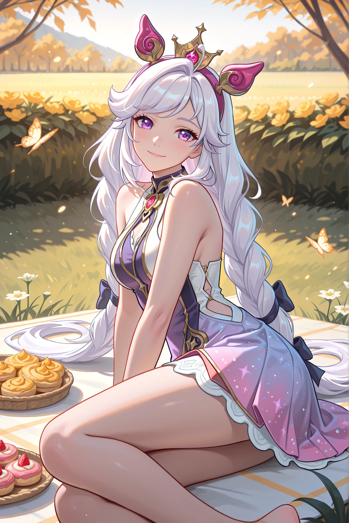 masterpiece, best quality, ultra-detailed, absurdres, newest, semirealistic, warm spring lighting, lush garden  
1girl, solo, cicistarlight, very long white hair, twin braids, bangs, purple eyes, crown hairband, sideless sundress, ribbons on side, no bra, sitting on picnic mat, legs folded sideways, bare feet, flower crown, cowboy shot, looking at viewer,surrounded by pastries and fruit, warm smile, open field, butterflies, soft breeze, cinematic atmosphere
