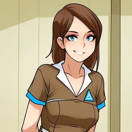 masterpiece, good quality, best quality, 1girl, kara_\(detroit\), brown hair, blue eyes, jacket, upper body, looking at viewer, smile, JagoStyle, JagoStylePinup, JagoStyleFlat,