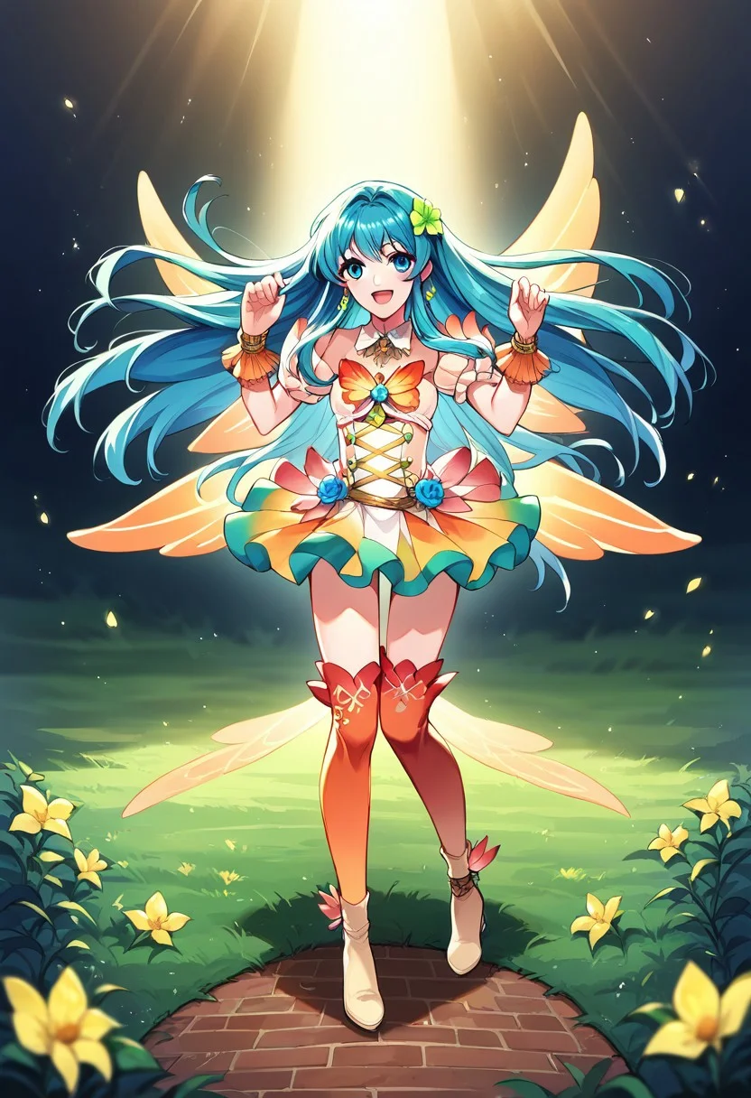1girl, solo, alone, score_9, score_8_up, score_7_up, masterpiece, high quality, source_anime, very detailed, depth of field, cinematic illumination, volumetric lighting, full color picture, vibrant colors, solo, alone, 
EikFE, aqua hair, long hair, sidelocks, aqua eyes, RFit, green hair flower, jewelry, green earrings, gradient clothes, multicolored dress, detached sleeves, puffy short sleeves, bare shoulders, butterfly wing cape, orange wrist cuffs, multicolored skirt, miniskirt, zettai ryouiki, gradient legwear, high heels, bracelet, bracer,
full body, standing, facing forward, 
open field, magical outdoors, serene location, happy pose, excited, smile,