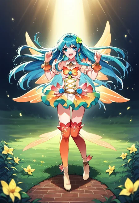 1girl, solo, alone, score_9, score_8_up, score_7_up, masterpiece, high quality, source_anime, very detailed, depth of field, cinematic illumination, volumetric lighting, full color picture, vibrant colors, solo, alone, 
EikFE, aqua hair, long hair, sidelocks, aqua eyes, RFit, green hair flower, jewelry, green earrings, gradient clothes, multicolored dress, detached sleeves, puffy short sleeves, bare shoulders, butterfly wing cape, orange wrist cuffs, multicolored skirt, miniskirt, zettai ryouiki, gradient legwear, high heels, bracelet, bracer,
full body, standing, facing forward, 
open field, magical outdoors, serene location, happy pose, excited, smile,