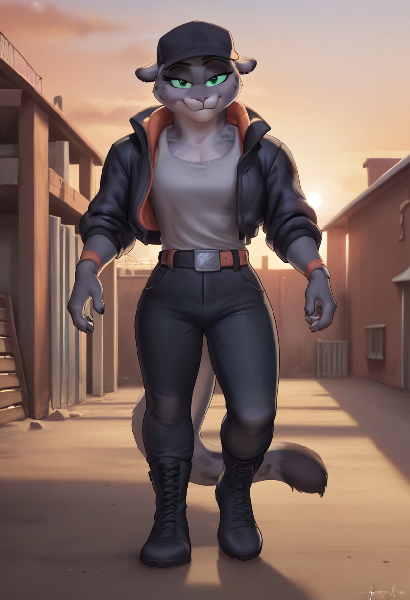 zPDXL, score_9_up, score_8_up,_7_up, score_6_up, score_5_up, score_4_up ,source_furry, best quality, amazing quality, masterpiece, 1girl, looking at viewer, solo, indoor, fullbody, warehouse, abandoned warehouse, sun rays breaking through the roof, kitty kat, snow leopard, grey fur, black jacket, tank top, black cap, black pants, black boots, belt, tail, green eyes, <lora:KittyKat:0.8>, meesh, <lora:Meesh:1>