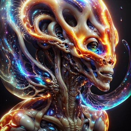 <lora:aiai-DiscoFire-XL1-v1-captions:0.75> aiai-DiscoFire style ethereal biomechanical (((xenomorph))) with a swirling galaxy inside its translucent head, inspired by alex grey and alessio albi and hr giger, internal illumination, hyperrealism, lucid, high quality, 8K Ultra HD, masterpiece, best quality