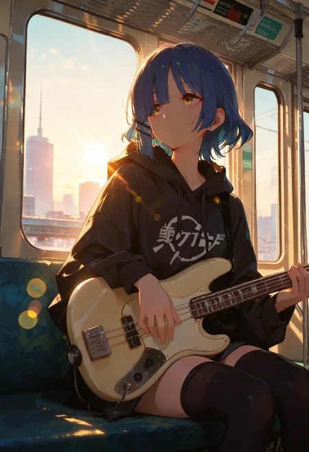 masterpiece, best quality, amazing quality, very aesthetic, absurdres, newest, cinematic lighting, backlit, backlighting, soft colors, 1girl, Yamada Ryo（BOCCHI THE ROCK！）, solo, hood down, black thighhighs, expressionless, [sitting], looking to the side, (((straight on))), front view, (leaning against glass), carrying Bass Guitar, sunbeam, sunlight, lens flare, train interior, cityscape,