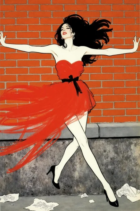 regr1 illustration.
A woman leaning against a brick wall, set in an urban environment. She has long black hair flowing loosely and wears a short, strapless red dress that clings to her figure, emphasizing a sense of motion and sensuality. Her pose is dramatic, with her arms stretched against the wall and her head tilted slightly back, exuding a sense of vulnerability and allure. She is wearing black high-heeled shoes, and the ground below features scattered papers and debris, adding a gritty urban atmosphere. The brick wall and stone base provide a textured backdrop with warm tones, contrasting with the bold red of her dress. <lora:regr3_shoujo_nocap_d6a3:1.0><lora:808056964123821415:0>