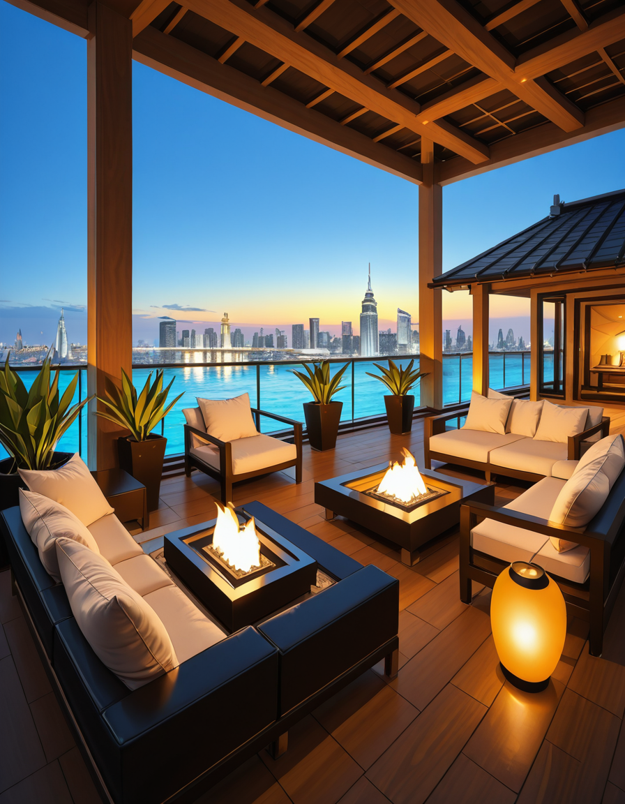 A breathtaking photo of a luxurious private rooftop at sunset, designed in a modern and elegant architectural style. The rooftop features a large infinity pool with crystal-clear water reflecting the warm golden hues of the sky. Surrounding the pool are plush, oversized lounge chairs with soft white cushions, neatly arranged under stylish wooden pergolas with flowing white curtains. In the background, a panoramic city skyline with shimmering skyscrapers stretches across the horizon. Ambient string lights hang delicately overhead, casting a soft, romantic glow. A chic outdoor bar with marble countertops is positioned on one side, decorated with fresh tropical plants and golden lanterns. The atmosphere feels serene and exclusive, with subtle reflections on the polished wooden floor. The lighting is a perfect mix of natural sunset tones and ambient soft white lights. The overall mood is peaceful, sophisticated, and inviting, ideal for an elite gathering or private escape.
<lora:SDXLFaeTastic2400:0.4> <lora:extremely_detailed:0.4> extremely detailed, <lora:luxurious_pr1v4t3_r00ft0p-i:1>,luxurious pr1v4t3 r00ft0p, Masterpiece,best quality,hi res,8k,hi res,8k,award winning,(sharp focus, intricate, highly detailed),