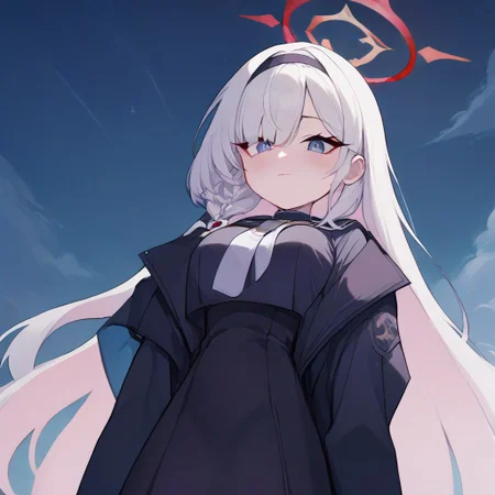 score_9, score_8_up, score_7_up, source_anime, anime screencap, masterpiece, expressive eyes, perfect face, night time, {plana, blue archive plana, halo, white hair, long hair, black sailor shirt, black skirt}, large breasts, from below