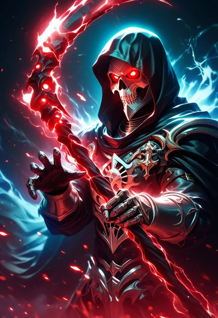 score_9,score_8_up,score_7_up, 2males. Grim Reaper, side view, dark magic, knight in battle, soul siphoning, arcane energy, glowing scythe, ethereal runes, battle-worn armor, shadowy mist, black cloak, hooded figure, dark sorcery, energy pulse, knight’s struggle, glowing red eyes, magical bind, cursed power, supernatural force, ethereal chains, soul extraction, death’s touch, spectral light, aura of doom, battlefield, ominous presence, twisted magic, knight's defeat, cursed fate, dark energy surge, looming shadows, soul corruption, reaper’s grasp, final judgment, dying warrior.