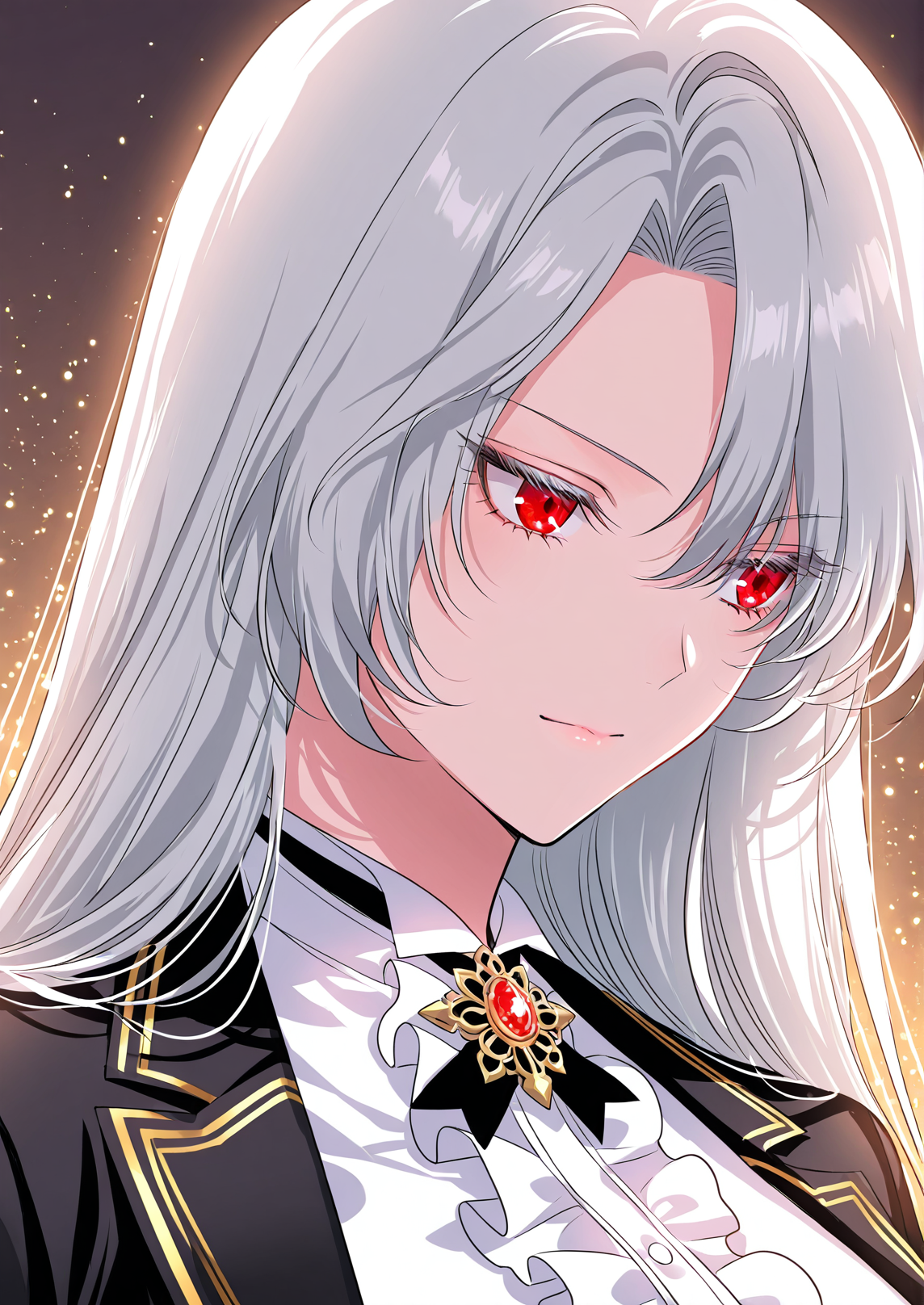 <lora:Raviel_Ivansia__SSS_Class_Suicide_Hunter__Illustrious:1>
1 girl, solo, long hair, white hair, straight hair, red eyes,
white ruffled blouse, black blazer with gold trim, decorative brooch, black pleated skirt, gold-trimmed skirt, high-waisted skirt, black thigh-high socks, black heels, school uniform style
masterpiece, best quality, intricate details, gothic fantasy, upper body portrait, dramatic pose, confident gaze, cinematic lighting, clean background, glowing magical particles, detailed face, vibrant colors