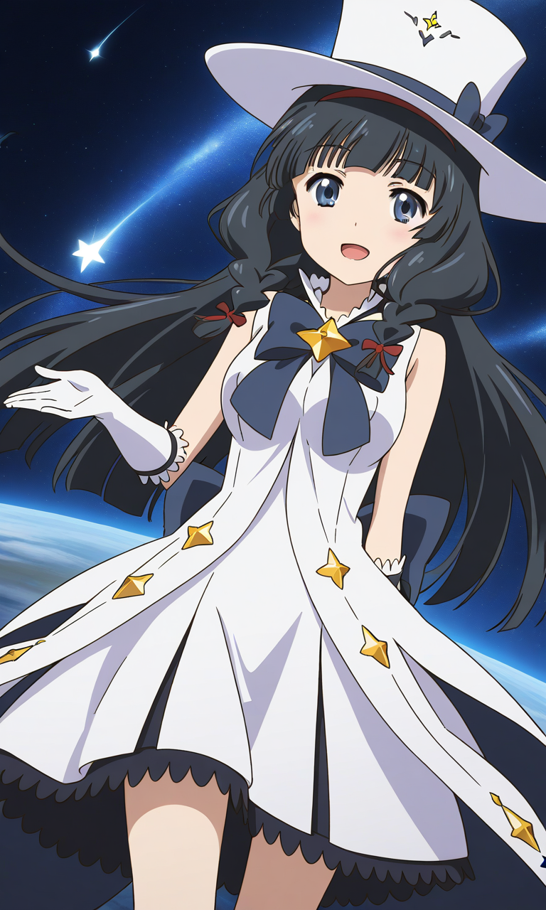 general,highres, ultra-detailed,very aesthetic,best quality ,best hands,  BREAK <lora:Itsuki_Houkago_no_Pleiades_IS:1> BREAK,
Itsuki(Pleiades), 1girl,solo, black hair, long hair, blue eyes, red hairband, twin braids, blunt bangs,breasts, anime coloring, BREAK,
hat, solo, gloves, open mouth,  top hat, space, magical girl, smile, bow, white headwear, white dress, star (symbol)