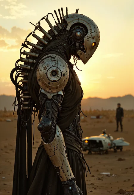 (in Otomo Katsuhiro style:1.4), high-quality, masterpiece, Photo of a cyborg with a cracked mechanical spine, alone on a desolate battlefield, their glowing eyes scanning the horizon, a half-destroyed war drone lies beside them, Style is Sci-fi with war-torn elements, Lighting is Harsh with strong shadows from the setting sun, High contrast, wide-angle shot, cinematic lighting, battle scars, (elaborately detailed attire with extraordinary elements:1.1), (hyperdetailed:1.1), (intricate details:1.0), (Refined details:1.1), (best quality:1.1), (high resolution:1.2)