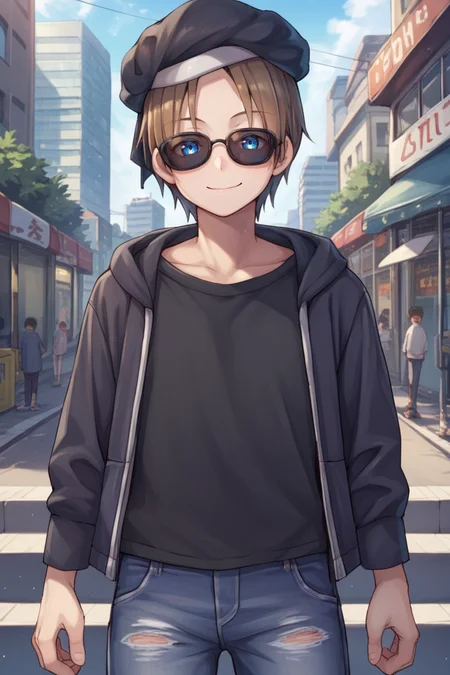 (score_9, score_8_up, score_7_up, score_6_up), source anime, BREAK, <lora:Roswell_Branthese:0.6> , medium hair, RoswDef, 1boy, brown hair, blue eyes, black beret, casual clothes, black shirt, black jeans, sunglasses, smile, closed mouth, looking at viewer, solo, <lora:zy_Detailed_Backgrounds_v1:0.5> , detailed background, highly detailed,  city, skyscrapers, exterior,