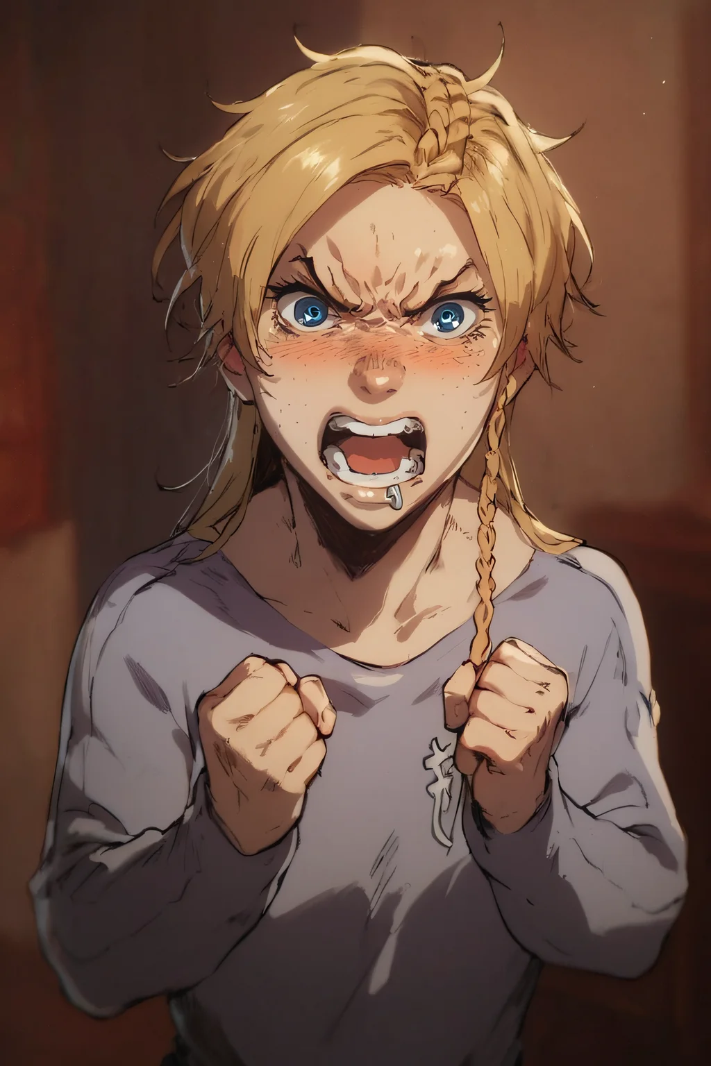 score_9,score_8_up,score_7_up, looking at viewer,
mary, 1girl, solo, long hair, blue eyes, blonde hair, braid, side lip piercing, freckles,
grey shirt, grey shirt, long sleeves,
blush, open mouth, teeth, angry, clenched hands,
<lora:sinfully_stylish_SDKL:0.8> <lora:Expressive_H:0.5> <lora:1dkXLP:0.5> <lora:Mary_Steinberg-11:1>