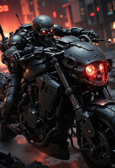 nistyle, a_skynet_cyberdyne_craft, the image is featuring a closeup of a Cyberdyne superbike with a skull mounted on the handlebars, adorned with intricate, metallic details, including bolts, wires, and mechanical components, giving it a highly advanced, industrial military look, red lights and diodes