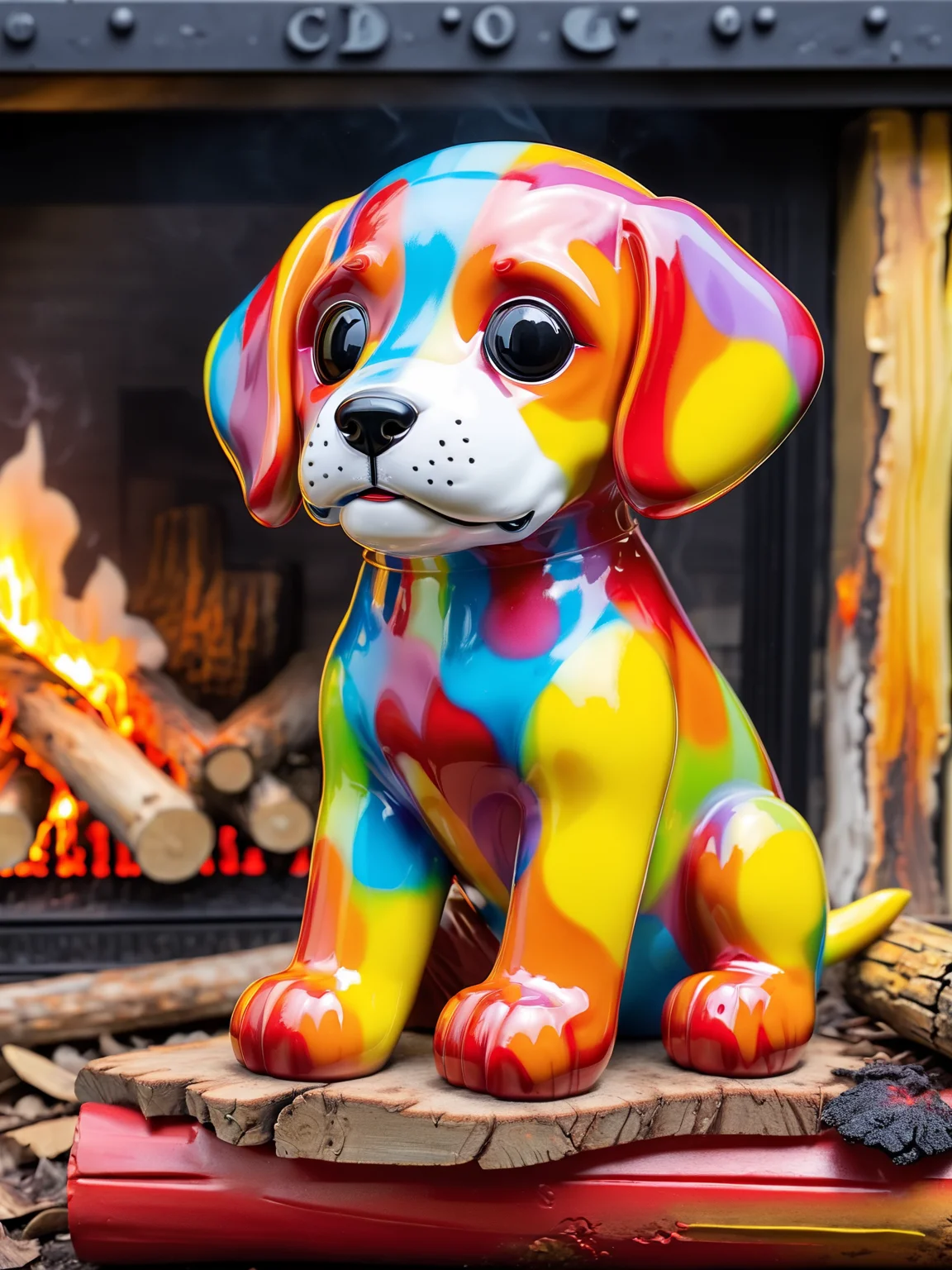 ais-colorfulplastic puppy sat by a log fire <lora:Colorful_Plastic_SDXL:1>