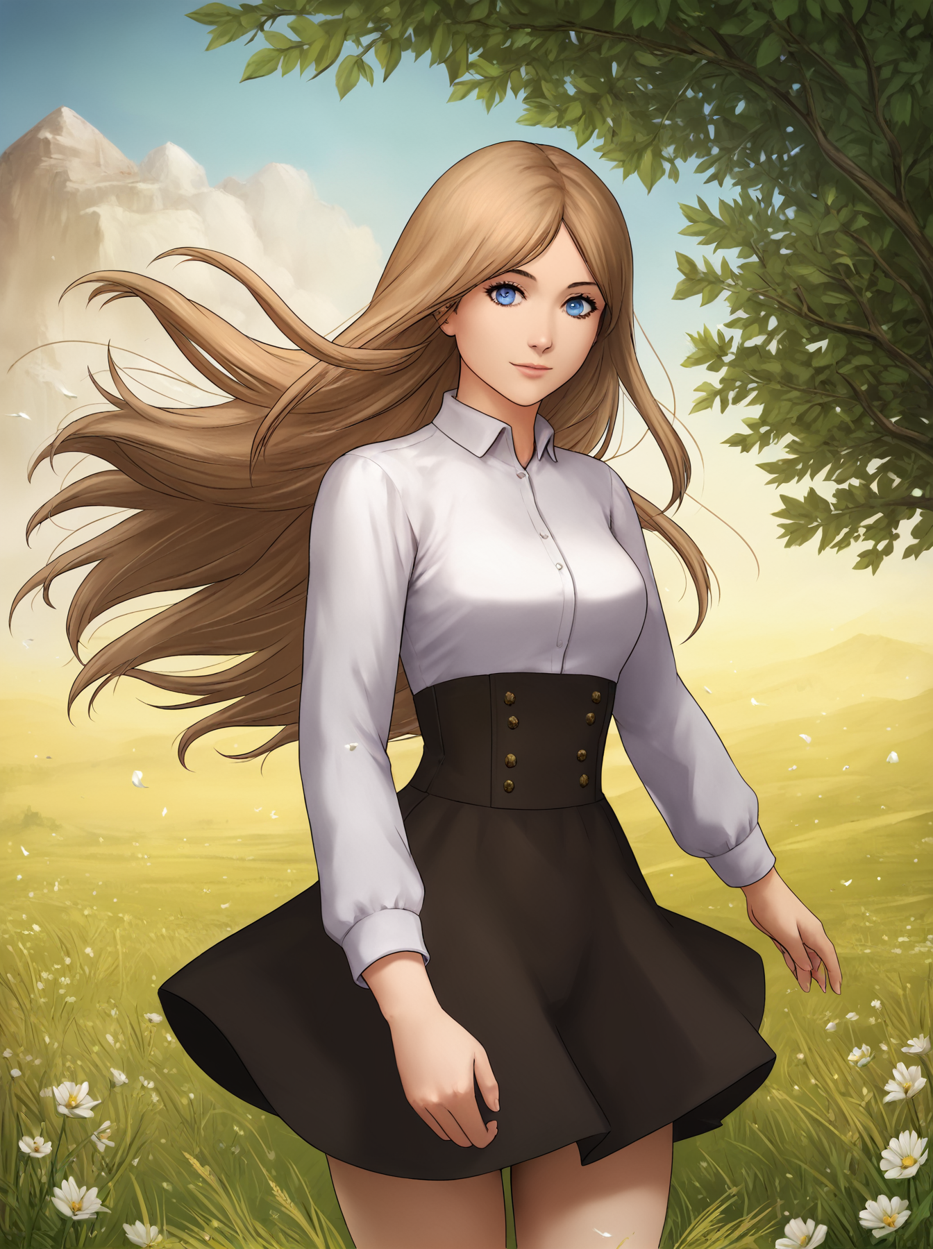 score_9, 
<lora:matoc_v1_lite:1>, 
1girl, 
long hair, light brown hair, brown hair, blue eyes, 
black high waist skirt, white shirt, 
looking at viewer, light smile, 
cowboy shot, 
outdoors, flowers, grass, 
hair in wind, 
high resolution, Masterpiece, detailed