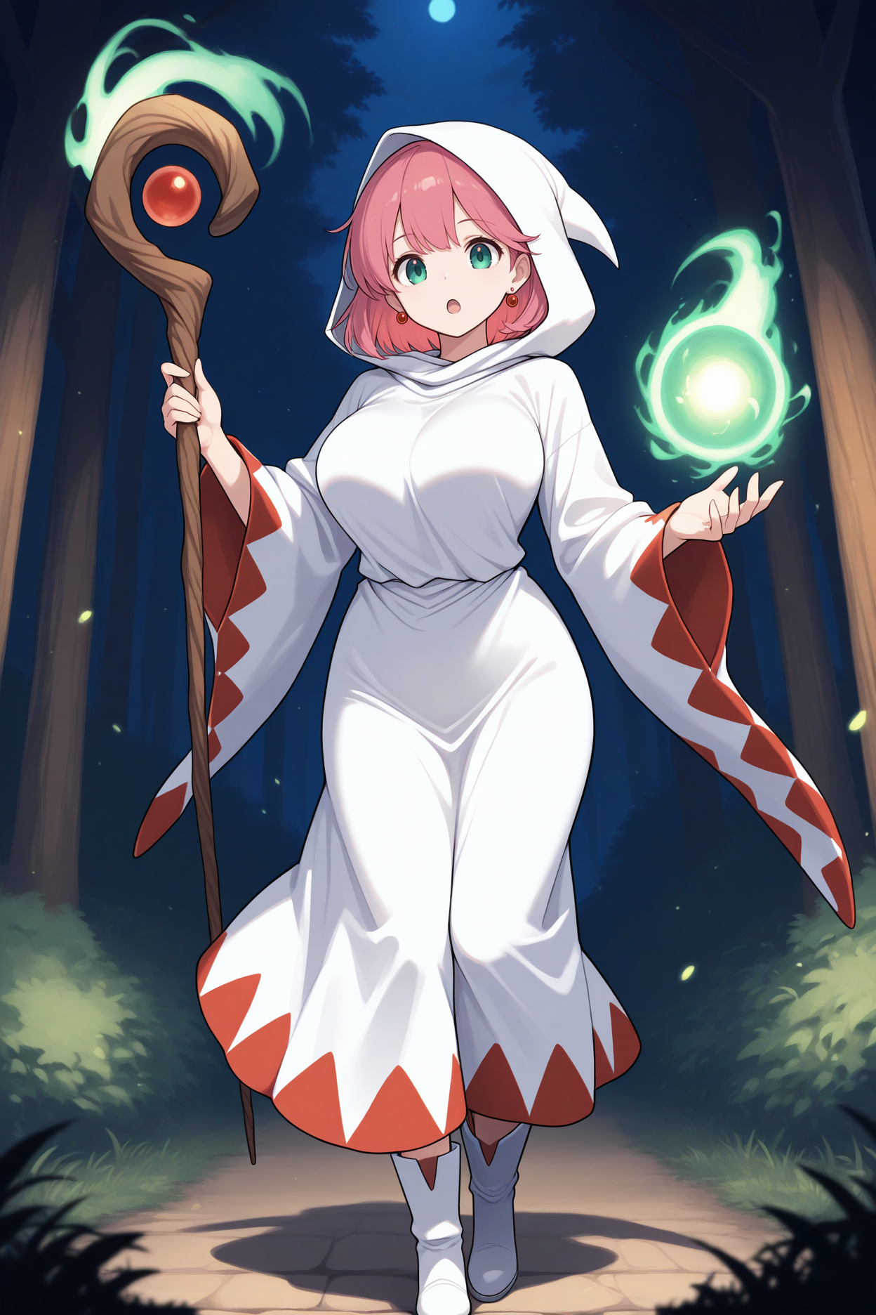masterpiece, best quality, 1girl, solo  <lora:fflenna-illu-nvwls-v1-000006:1> lennact, pink hair, medium hair, green eyes, red earrings, white mage, white robe, hooded robe, hood up, wide sleeves, white boots, large breasts, open mouth, hand up, green magic, forest, night, standing, full body, looking at viewer, holding staff