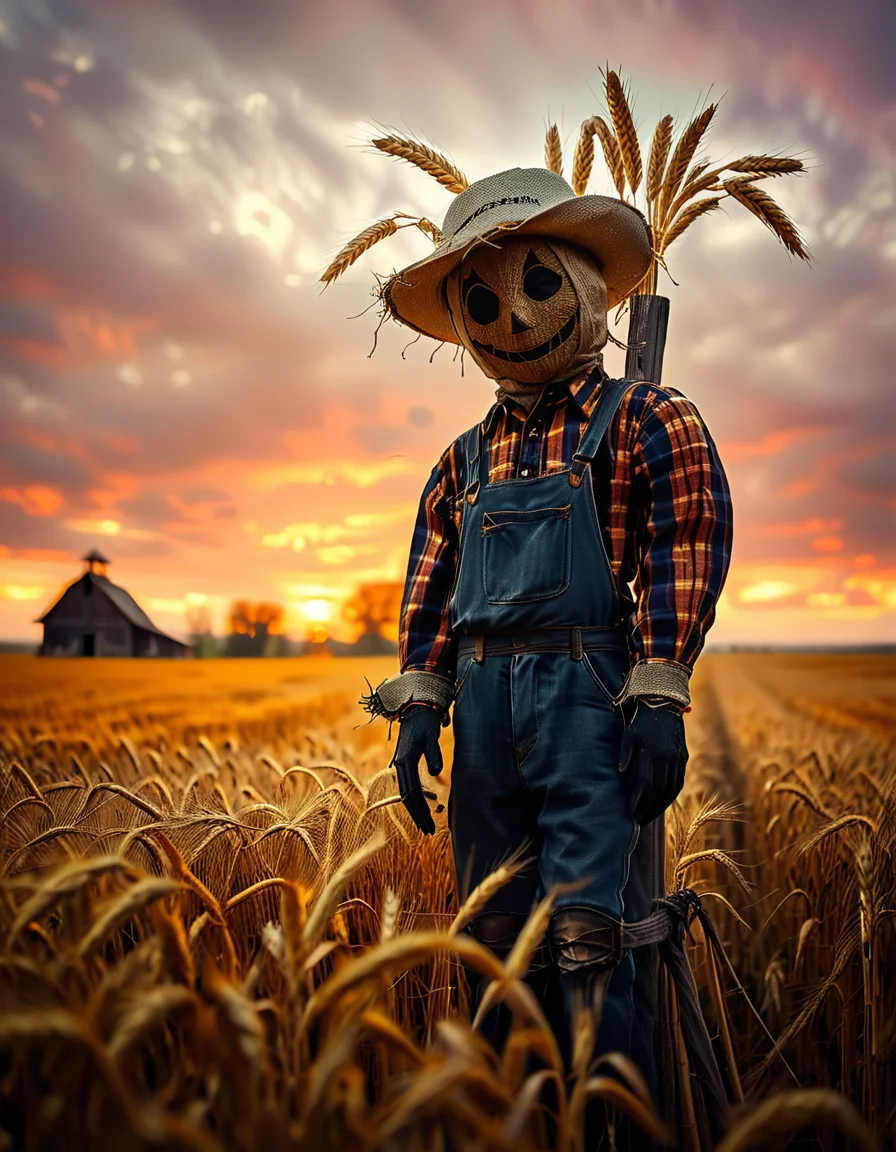A solitary scarecrow standing in the middle of a vast golden wheat field at dusk,wh34t f13ld at dusk, dressed in rustic, worn-out farmer's clothing. The scarecrow is wearing a tattered plaid shirt, faded overalls, and a wide-brimmed straw hat that is slightly tilted. Its head is made of a burlap sack, with simple, stitched features forming an eerie yet friendly smile. The arms are outstretched, with old gloves tied to the ends of wooden poles, and straw spilling out from the sleeves and pant legs. The golden wheat stalks surround it, gently swaying in the breeze, while the warm light of the setting sun creates a serene atmosphere. The sky is painted in vivid hues of orange, pink, and purple, with long shadows stretching across the field. In the distant background, a small wooden barn and a line of dark silhouettes of trees complete the rural, tranquil scene. The overall mood is a blend of calmness and subtle mystery, evoking the charm of countryside life at twilight.
<lora:SDXLFaeTastic2400:0.4> <lora:extremely_detailed:0.4> extremely detailed, <lora:wh34t_f13ld_at_dusk:1>, Masterpiece,best quality,hi res,8k,hi res,8k,award winning,(sharp focus, intricate, highly detailed),