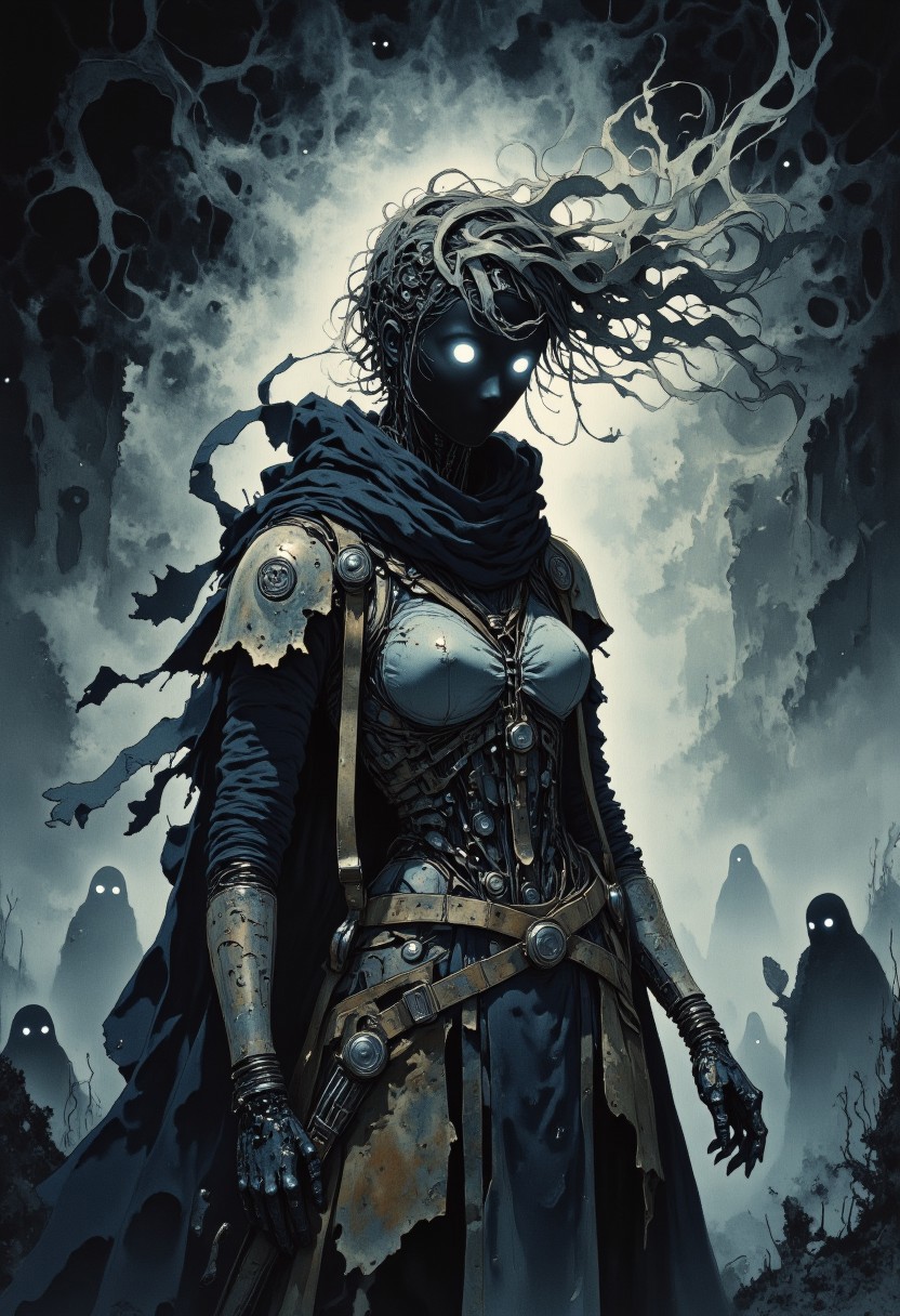 Studio Ghibli Dark Fairytale, intricate cyborg, Portrait of a female robotic entity with long, wind-blown ribbons of metallic silk hair, black hollow eerie head, no face, dark moody, desolate wasteland background, whispering ghosts in the mist, pale moonlight casting eerie reflections,  
cybernetic decay, flickering ancient symbols in her metal plating, sorrowful but powerful aura, torn and frayed edges of her body, remnants of forgotten technology and old magic, her existence a song of loneliness and lost time